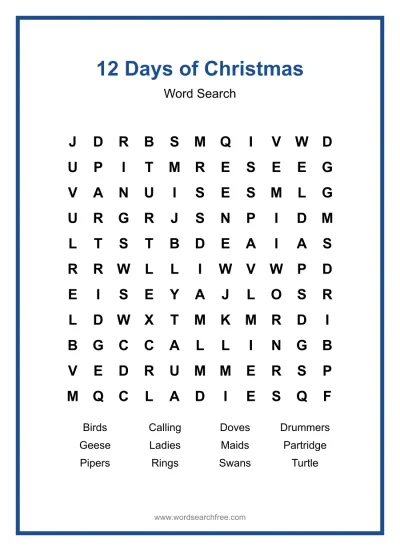 Printable 12 Days of Christmas Word Search worksheet