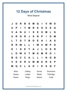 12 Days of Christmas Word Search - Free printable puzzle with 12 words