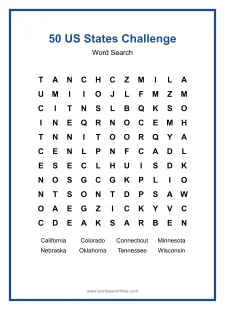 50 US States Challenge Word Search - Free printable puzzle with 8 words