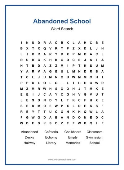 Printable Abandoned School Word Search worksheet
