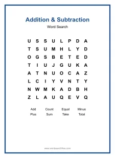 Addition & Subtraction Word Search - Free printable puzzle with 8 words
