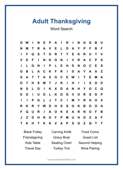 Printable Adult Thanksgiving Word Search worksheet