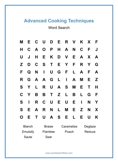 Printable Advanced Cooking Techniques Word Search worksheet
