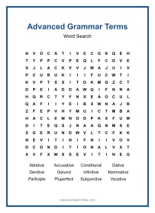 Advanced Grammar Terms Word Search - Free printable puzzle with 12 words