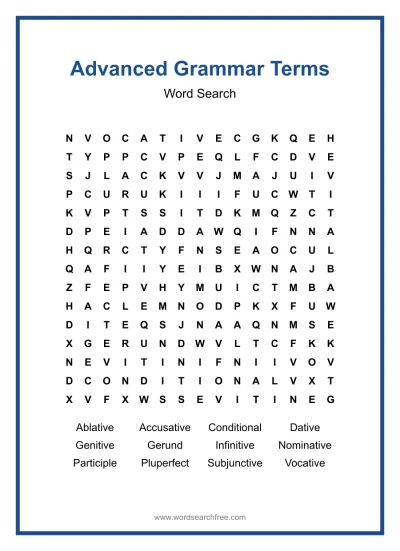 Printable Advanced Grammar Terms Word Search worksheet