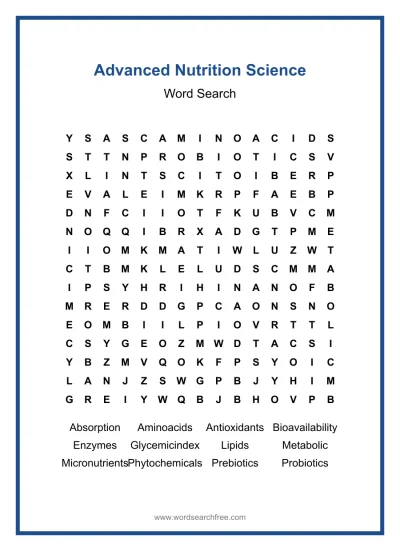 Printable Advanced Nutrition Science Word Search worksheet