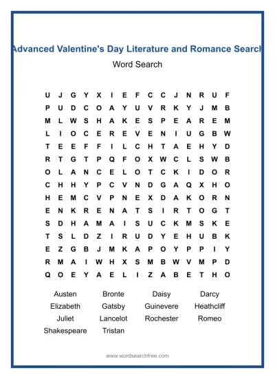 Printable Advanced Valentine's Day Literature and Romance Search worksheet