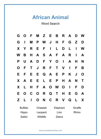 Printable African Animal Word Search worksheet