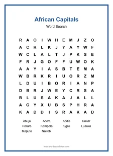 African Capitals Word Search - Free printable puzzle with 10 words