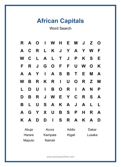 Printable African Capitals Word Search worksheet