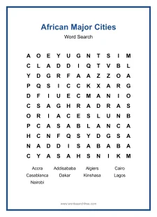 African Major Cities Word Search - Free printable puzzle with 9 words