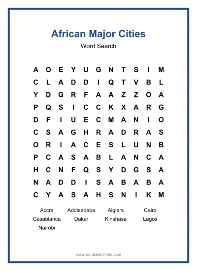 Printable African Major Cities Word Search worksheet