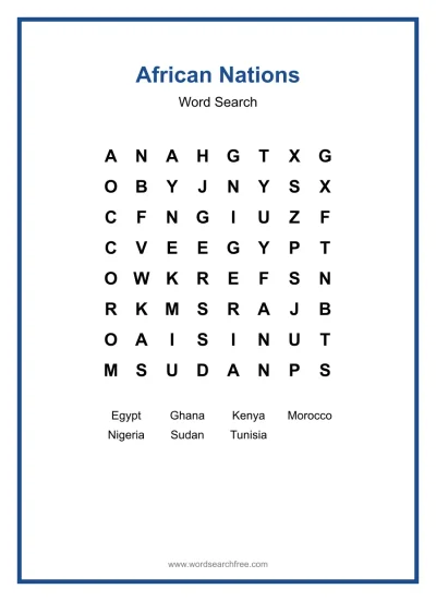 Printable African Nations Word Search worksheet
