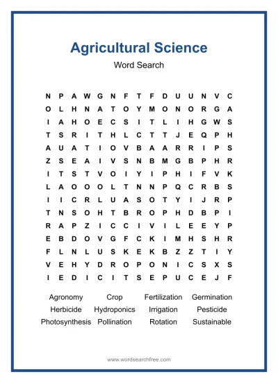 Printable Agricultural Science Word Search worksheet