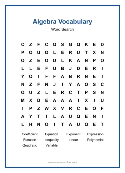 Printable Algebra Vocabulary Word Search worksheet