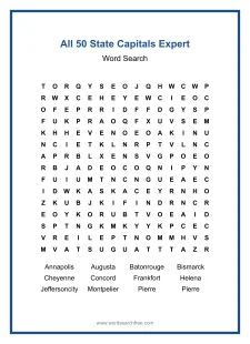 All 50 State Capitals Expert Word Search - Free printable puzzle with 12 words
