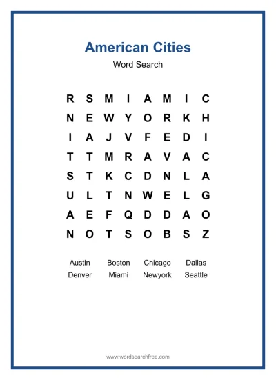 Printable American Cities Word Search worksheet