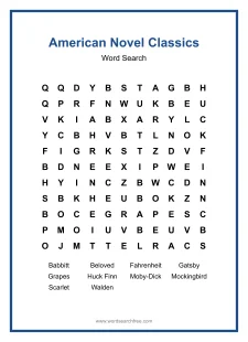 American Novel Classics - printable word search worksheet