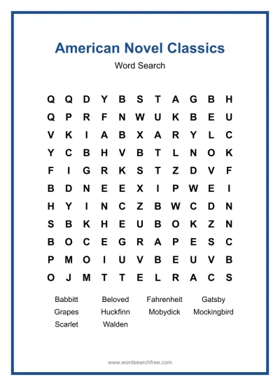 Printable American Novel Classics Word Search worksheet