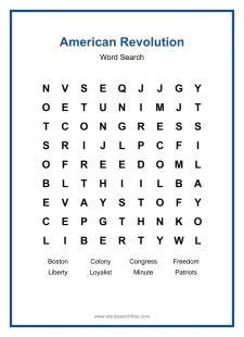 American Revolution Word Search - Free printable puzzle with 8 words