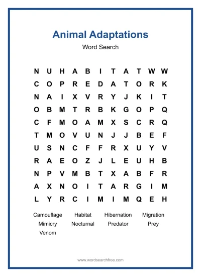 Printable Animal Adaptations Word Search worksheet