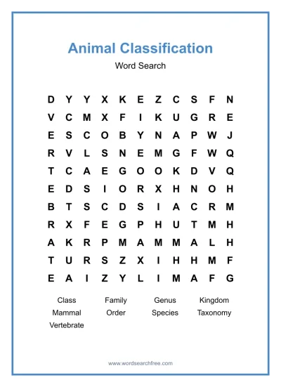 Printable Animal Classification Word Search worksheet
