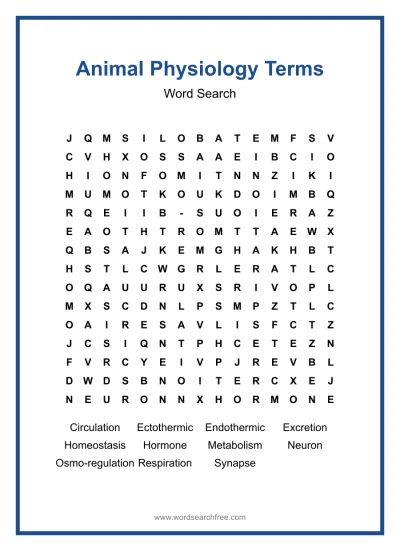 Printable Animal Physiology Terms Word Search worksheet