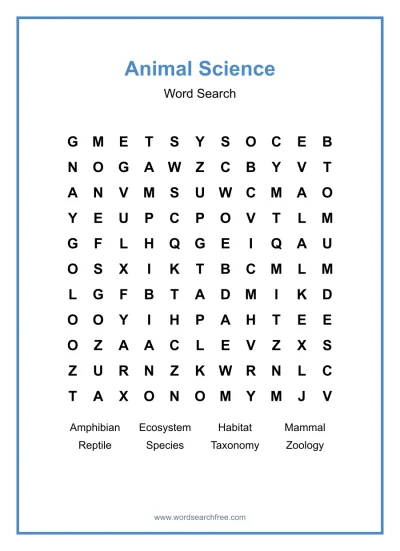Printable Animal Science Word Search worksheet