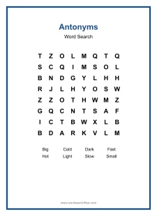 Antonyms Word Search - Free printable puzzle with 8 words