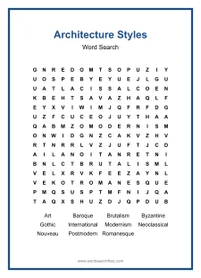 Architecture Styles Word Search - Free printable puzzle with 11 words