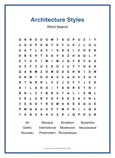 Printable Architecture Styles Word Search worksheet