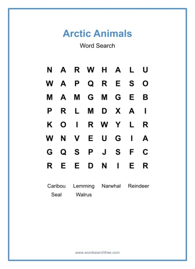 Printable Arctic Animals Word Search worksheet
