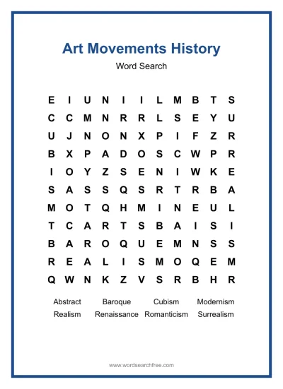 Printable Art Movements History Word Search worksheet