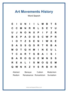 Art Movements History Word Search - Free printable puzzle with 8 words