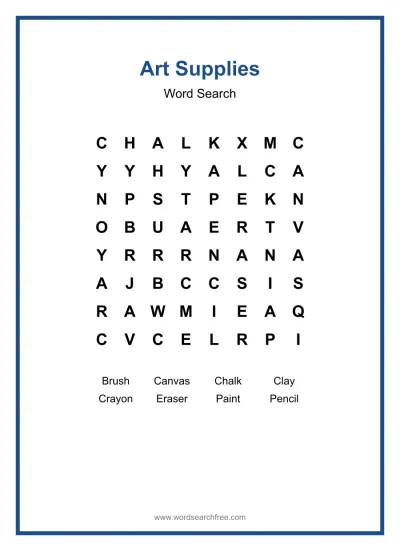 Printable Art Supplies Word Search worksheet