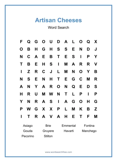 Printable Artisan Cheeses Word Search worksheet