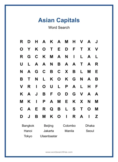 Printable Asian Capitals Word Search worksheet