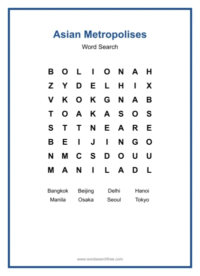 Printable Asian Metropolises Word Search worksheet