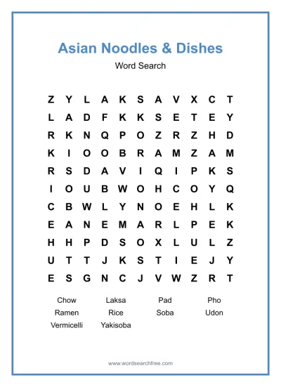Printable Asian Noodles & Dishes Word Search worksheet