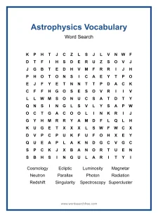 Astrophysics Vocabulary Word Search - Free printable puzzle with 12 words