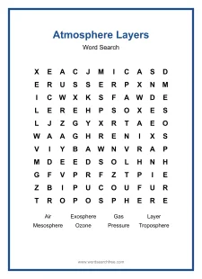 Atmosphere Layers Word Search - Free printable puzzle with 8 words