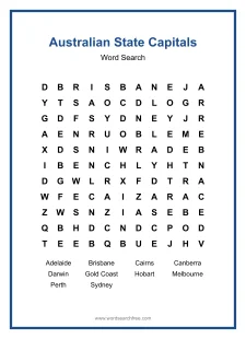 Australian State Capitals - Medium Word Search Puzzle