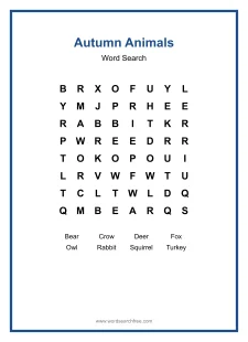 Autumn Animals Word Search - Free printable puzzle with 8 words