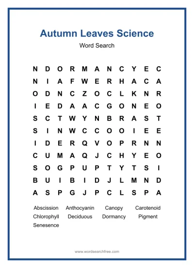 Printable Autumn Leaves Science Word Search worksheet
