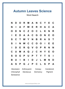 Autumn Leaves Science Word Search - Free printable puzzle with 9 words