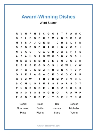 Printable Award-Winning Dishes Word Search worksheet