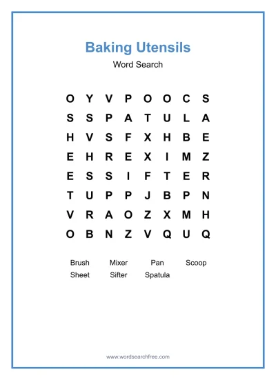 Printable Baking Utensils Word Search worksheet