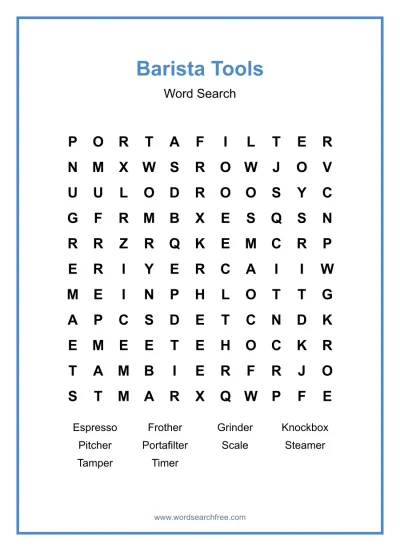 Printable Barista Tools Word Search worksheet