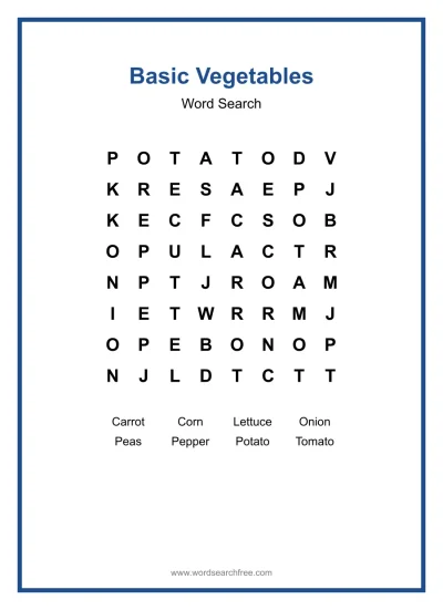 Printable Basic Vegetables Word Search worksheet