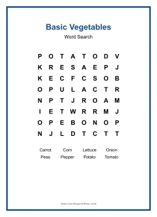 Basic Vegetables Word Search - Free printable puzzle with 8 words